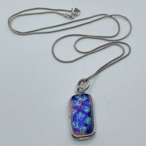 𝅺vtg Sterling Dichroic Metallic Irridescent Art Glass Pendant & Chain 20” & 1.5”